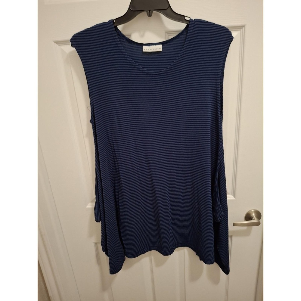 Bryn Walker Large Blue Striped Asymmetrical Lagenlook Versatile Tunic Top‎